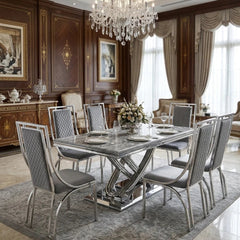 160cm or 180cm grey marble dining table with Windsor plush chairs for flexible family dining and entertaining