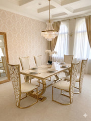 Premium Ariana gold marble dining set with elegant Vienna seating for Manchester homes, combining high-gloss marble, polished gold detailing and excellent value for a luxury UK interior.