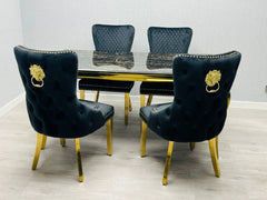Sofia 180cm Black & Gold Marble Dining Table & 6 Victoria Black Lion Knocker Chairs