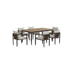 Outdoor furniture set with a wooden table and six chairs on a white background