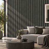 Black wide slat wall panelling in living room