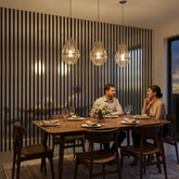 Chrome acoustic slat wall panel for a modern living room