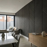 Dark grey acoustic slat wall panel measuring 240 × 60 cm with a modern herringbone design.
