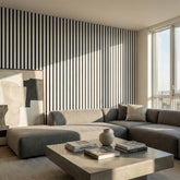 Dove grey three-sided colour-wrapped acoustic slat wall panel