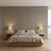 Dove Grey WIDE slat acoustic wall panels creating a soft contemporary bedroom feature wall