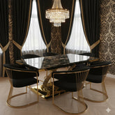 Elina 160cm cream marble dining table with Porado chairs, featuring a polished gold pedestal and refined designer styling for contemporary London homes.