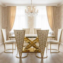Premium Elina 160cm cream marble dining table with Vienna chairs, bringing elegant gold detailing and sophisticated styling to contemporary London dining rooms.
