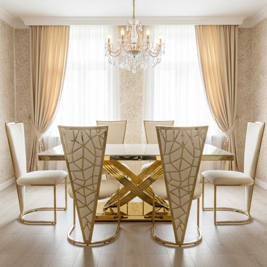 Elina 180cm cream and gold marble dining set with Vienna chairs for luxury UK homes