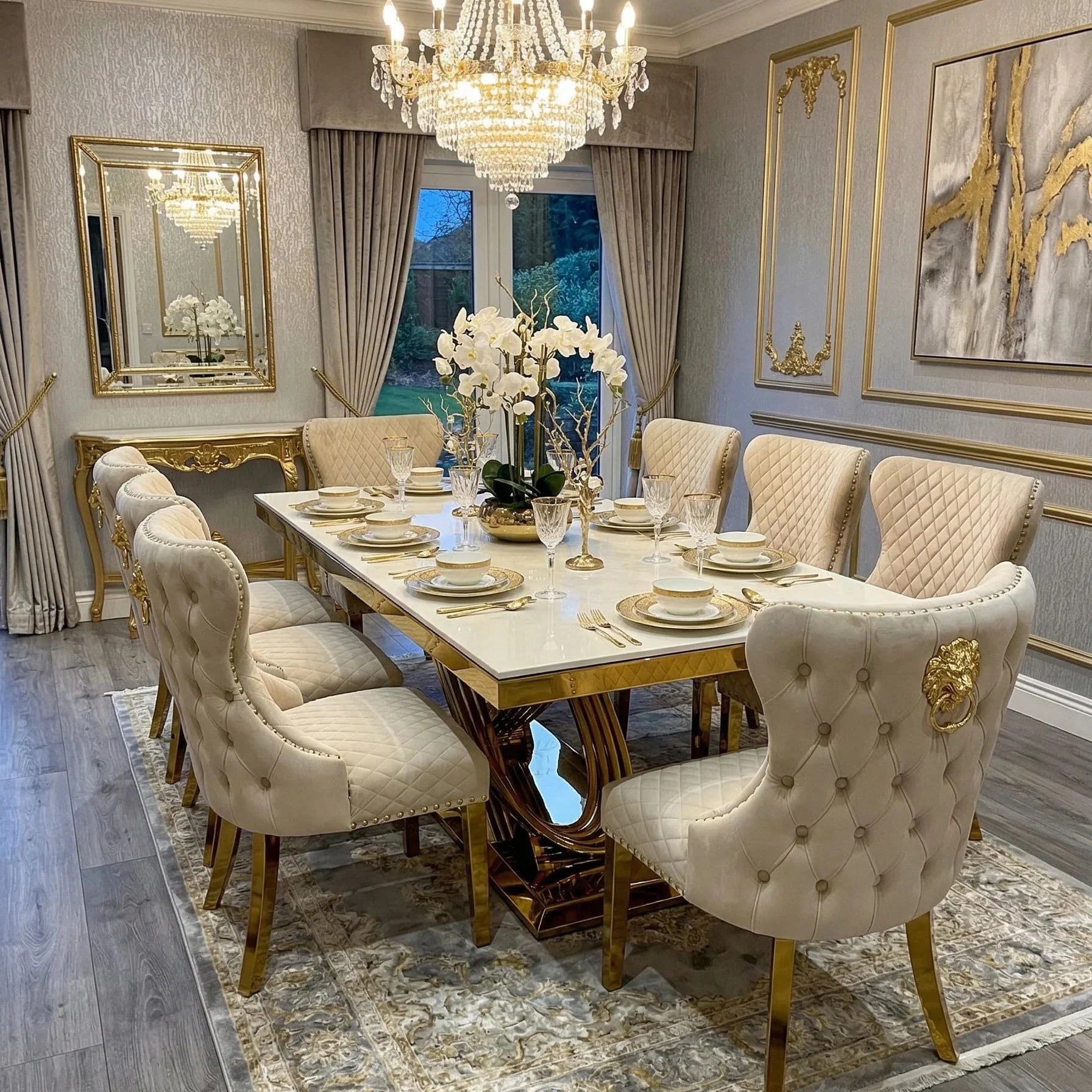 Elina 180cm cream and gold marble dining table with Valentino Gold Chairs, a premium 6–8 seater dining set offering luxury style and excellent value for London homes.
