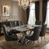 Elina 180cm grey marble dining set with Lion Knocker Chairs for premium 4 to 6 seater dining