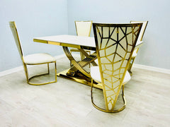Cream gold marble dining table with Vienna upholstered chairs for elegant contemporary interiors