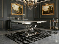 Elina grey marble dining table set styled in a dramatic dark luxury dining interior