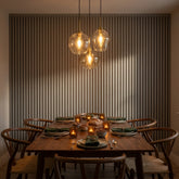 Grey acoustic slat panels used on a contemporary living room feature wall