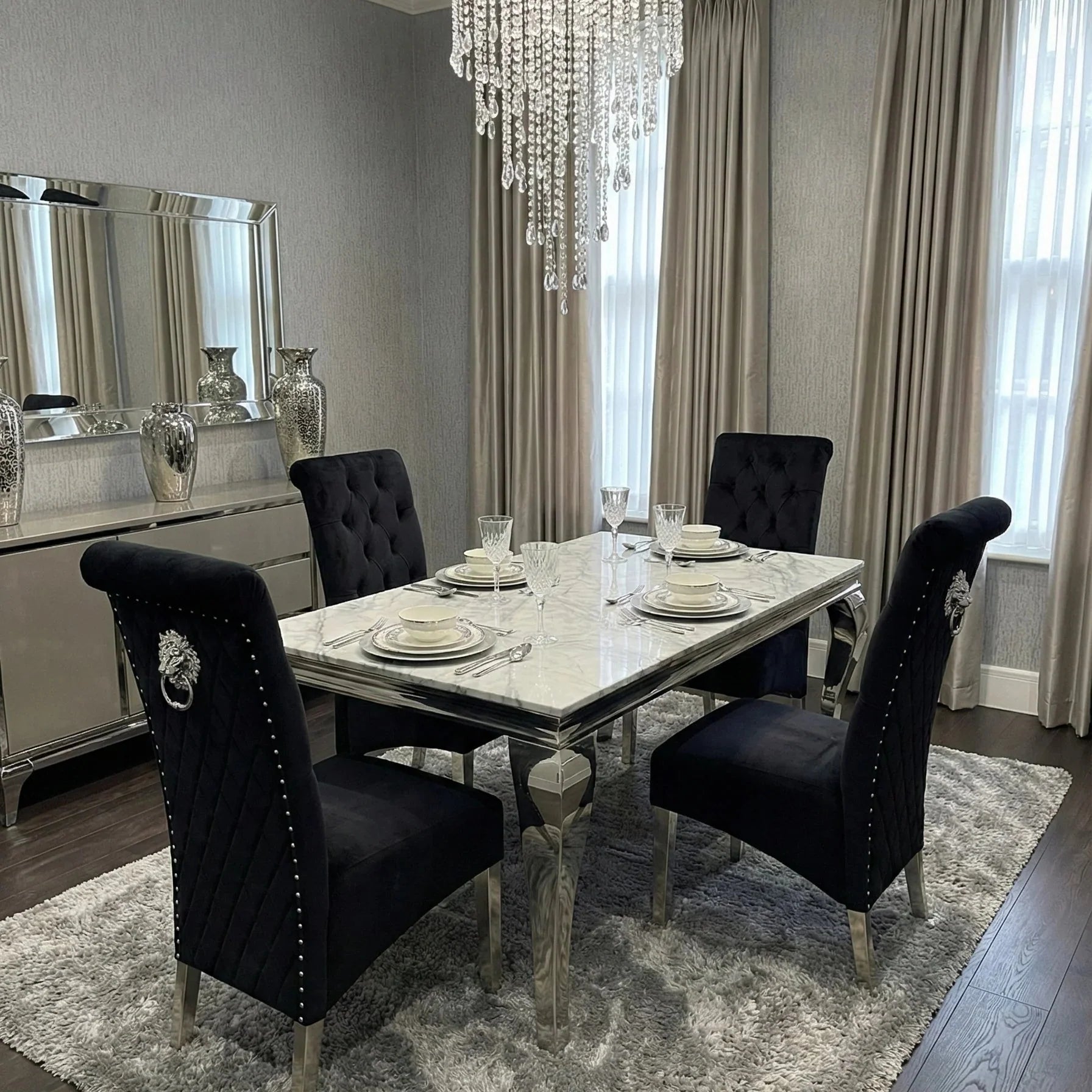Modern grey marble dining table paired with elegant lion knocker chairs for contemporary homes