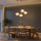 Grey slatted acoustic wall panel in living room