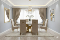 Luxury cream marble dining table and gold dining chairs creating an elegant contemporary dining set
