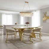 Luxury cream marble dining table with polished gold geometric pedestal base