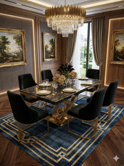 Luxury Elina marble dining table and Lasco Gold upholstered chairs for an elegant contemporary dining room
