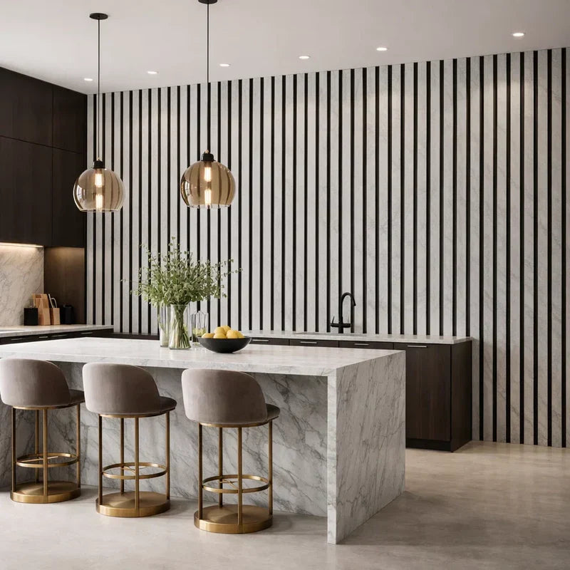 Marble grey wall panelling in modern living room