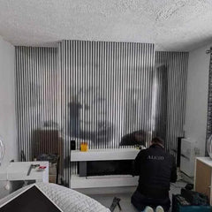 Metallic Chrome acoustic panel used as a feature wall