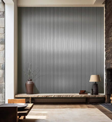 Metallic Dark Grey slatted wall panels installed in a modern living room
