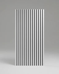 Metallic light grey slatted panel used as an acoustic feature wall