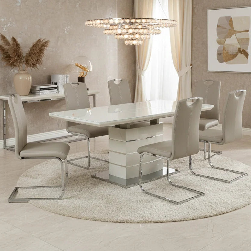 Milan cappuccino extending dining table with six Milan chairs for contemporary UK dining rooms