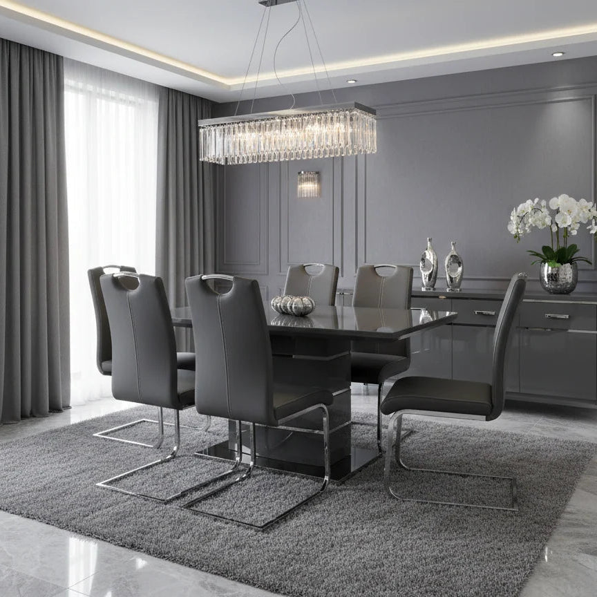 Milan grey extending dining table with six Milan chairs for contemporary UK dining rooms