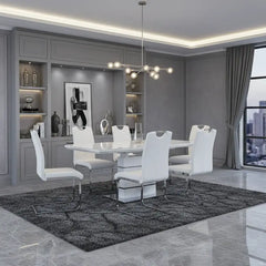 Milan white extending dining table with six Milan chairs for stylish modern UK dining rooms