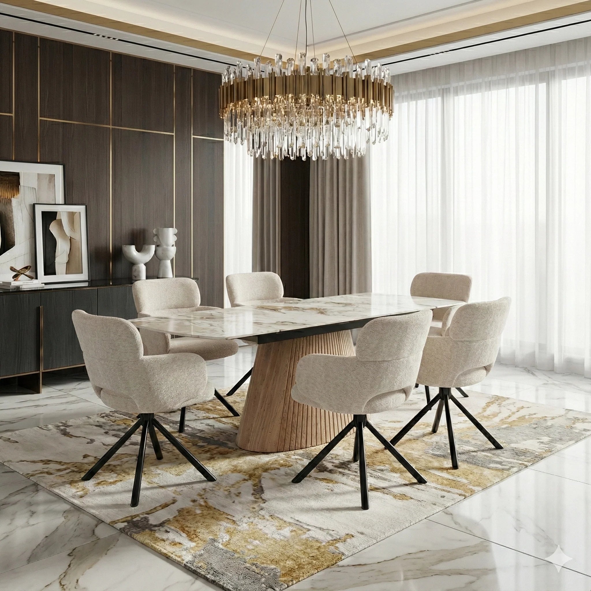 Mona 160–240cm Beige Marble Effect Sintered Stone Dining Table & Chairs Set