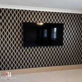 Natural oak waved wall panel behind a television