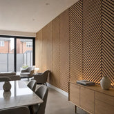 oak acoustic slat wall panel measuring 240 × 60 cm with a modern herringbone design.