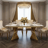 Ravello 160cm cream marble dining table with polished gold geometric pedestal for premium UK dining rooms