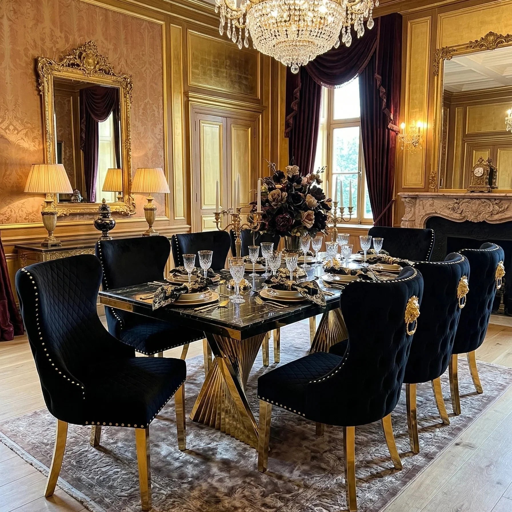 Ravello 180cm black marble dining table with polished gold geometric pedestal and Valentino seating, offering striking designer styling for contemporary interiors.