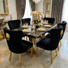 Ravello 160cm black and gold marble dining set with Valentino Chairs, creating a dramatic 6–8 seater centrepiece for sophisticated UK dining rooms.