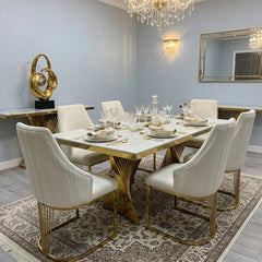 Ravello 160cm cream and gold marble dining set with Lasco Gold Chairs, creating a sophisticated 6–8 seater centrepiece for contemporary UK dining rooms.