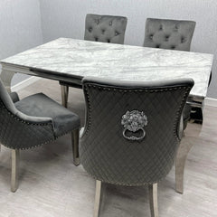 Sofia 150cm Grey Marble Dining Table with Majestic Grey Lion Knocker Chairs creating a luxury dining focal point for London apartments, modern homes, and stylish entertaining.