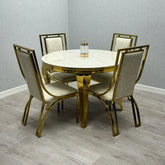 Sofia Cream Gold Marble Dining Table with Windsor Chairs for luxury dining rooms in London, featuring premium marble finish and elegant designer furniture.