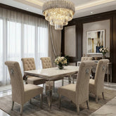 Sofia cream marble dining table with mink lion knocker chairs for luxury UK dining rooms