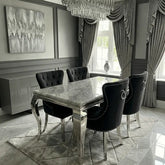 Sofia grey marble dining table with Henley knocker dining chairs for modern UK dining rooms.