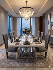 Vienna Grey plush dining chairs paired with a polished grey marble dining table for an elegant dining room