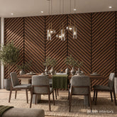 Walnut acoustic linear slat feature wall in a contemporary interior