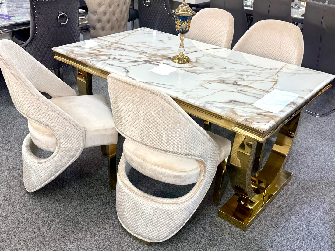 Premium Ariana marble dining set with Santo chairs for contemporary Manchester homes, offering elegant designer styling and excellent value for a luxury UK dining interior.