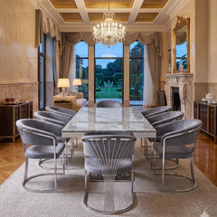 160cm or 180cm grey marble dining table set with plush Porado Chairs for flexible contemporary dining