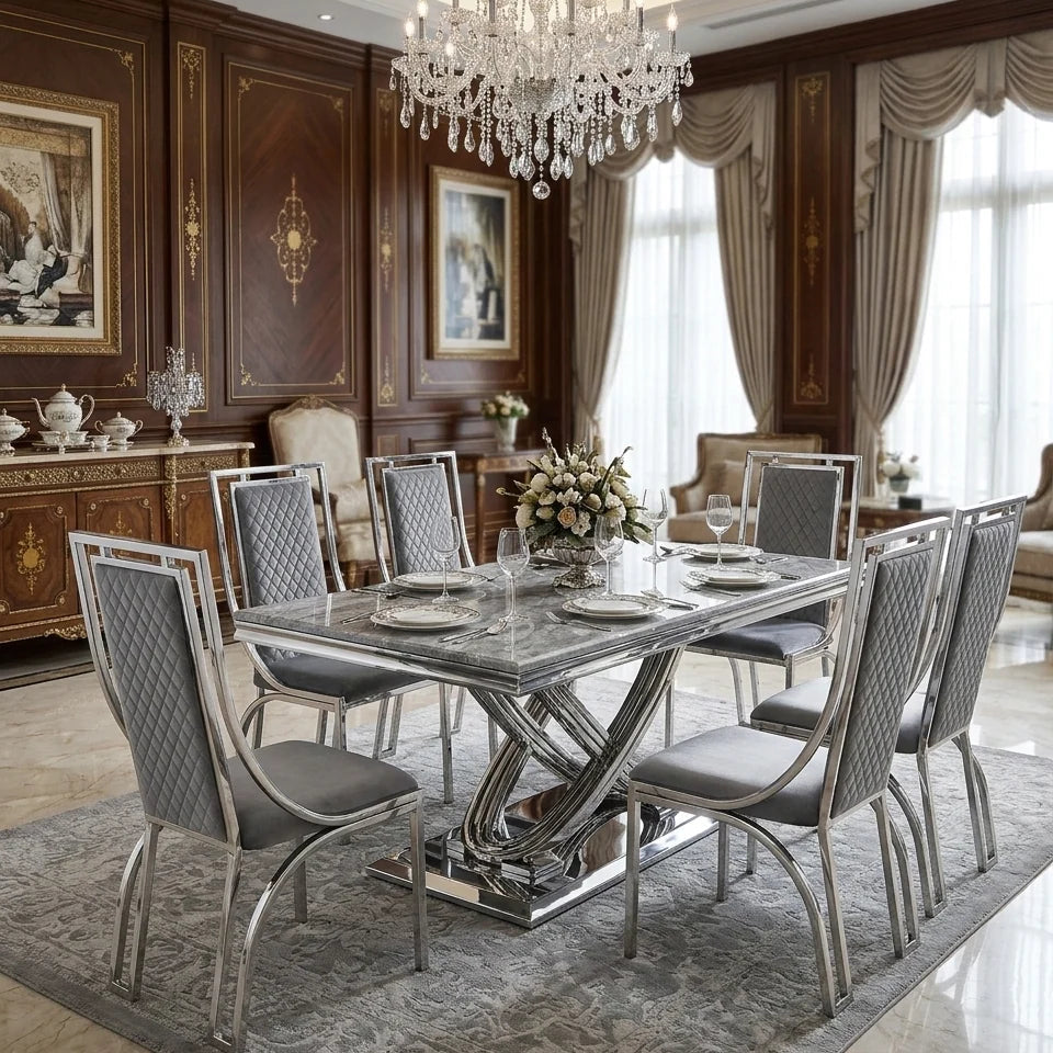 160cm or 180cm grey marble dining table with Windsor plush chairs for flexible family dining and entertaining