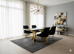 Spacious 160cm black marble dining table with gold pedestal and Lasco chairs, comfortably seating 6–8 adults for family meals and dinner parties in Liverpool homes.