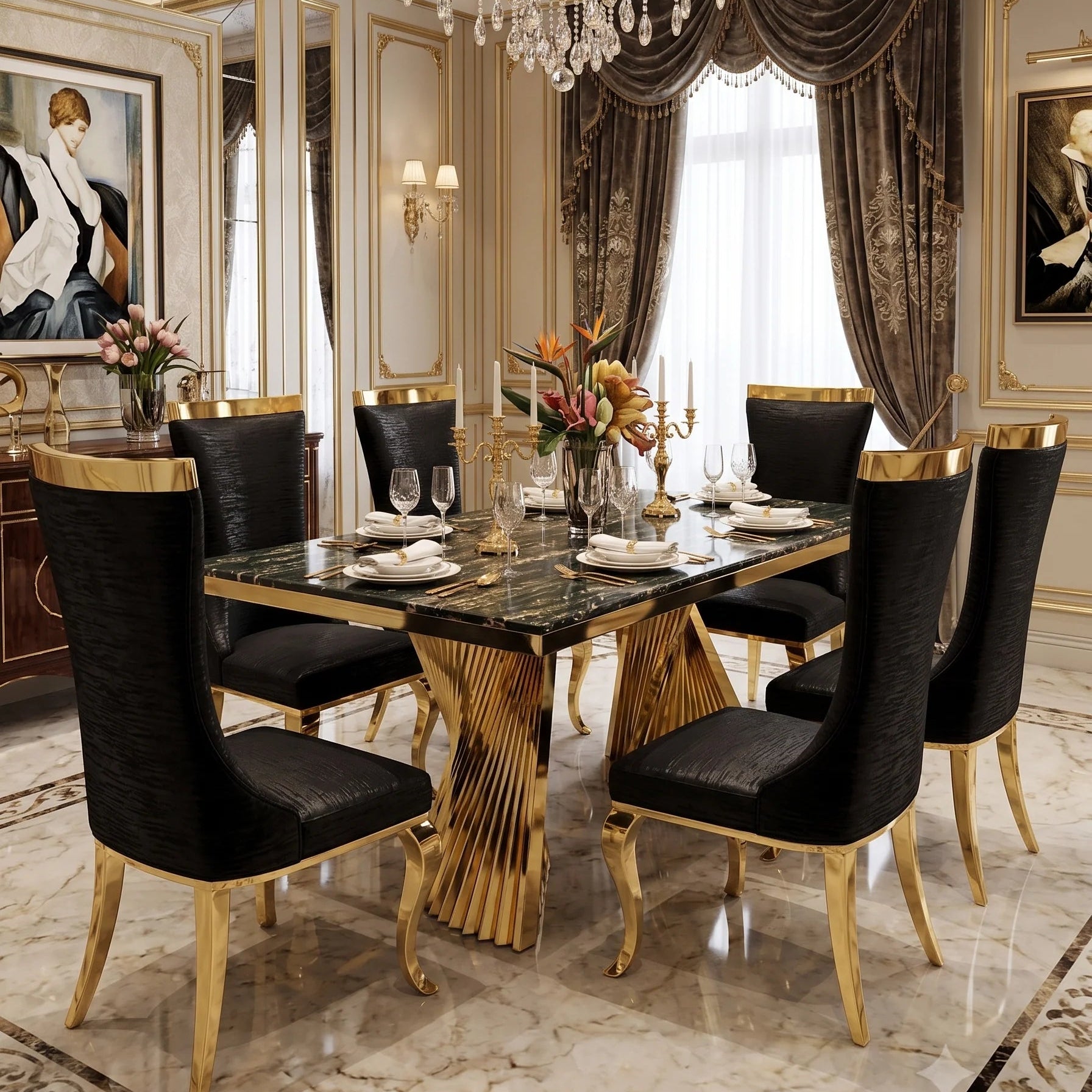 Black and gold marble dining table set with Rocky chairs 6-8 Seater