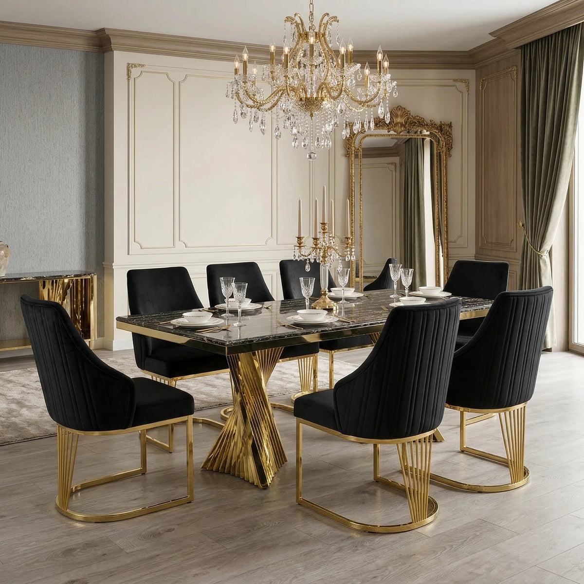 180cm High-gloss black marble dining table with a sculptural gold geometric pedestal and Lasco chairs, offering luxury styling and excellent value for Manchester homes.