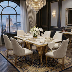 Ravello 180cm cream and gold dining set with Lasco Gold Chairs, offering a spacious and refined dining solution for family meals and entertaining guests.