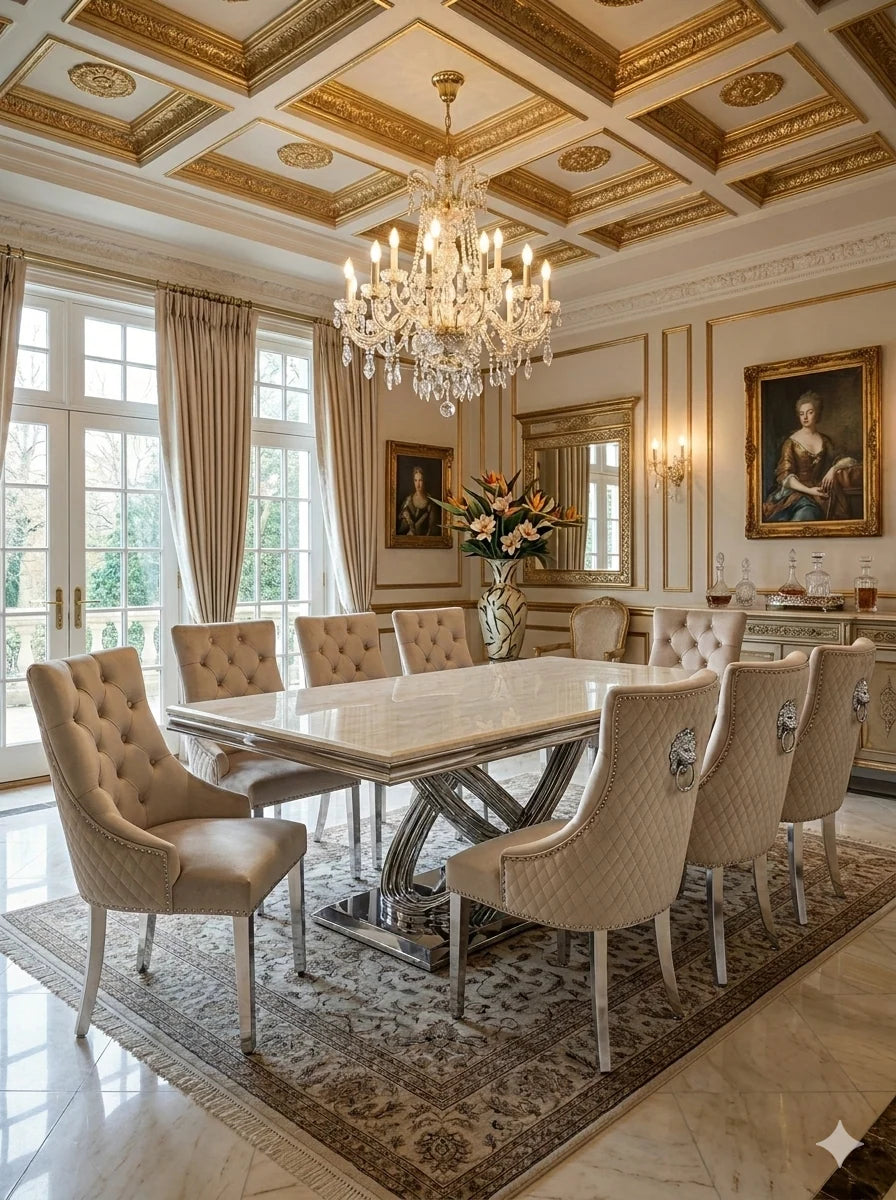 180cm polished cream marble dining table with luxurious velvet chairs for spacious family dining